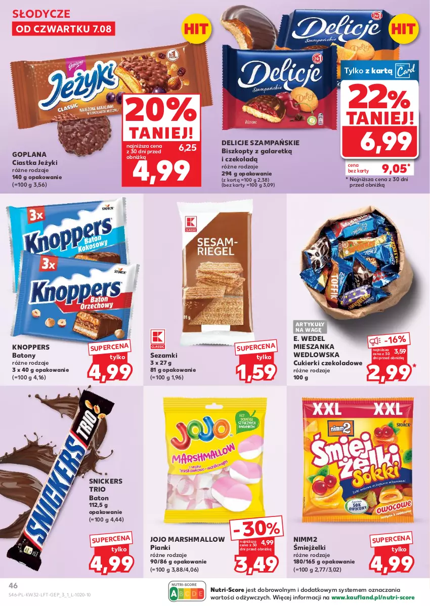 Gazetka promocyjna Kaufland - Gazetka tygodnia - ważna 07.08 do 12.08.2025 - strona 46 - produkty: Baton, Biszkopty, Ciastka, Cukier, Cukierki, Cukierki czekoladowe, Delicje, E. Wedel, Gala, Goplana, Jeżyki, Knoppers, LANA, Mars, Mieszanka wedlowska, Nimm2, Sezam, Snickers