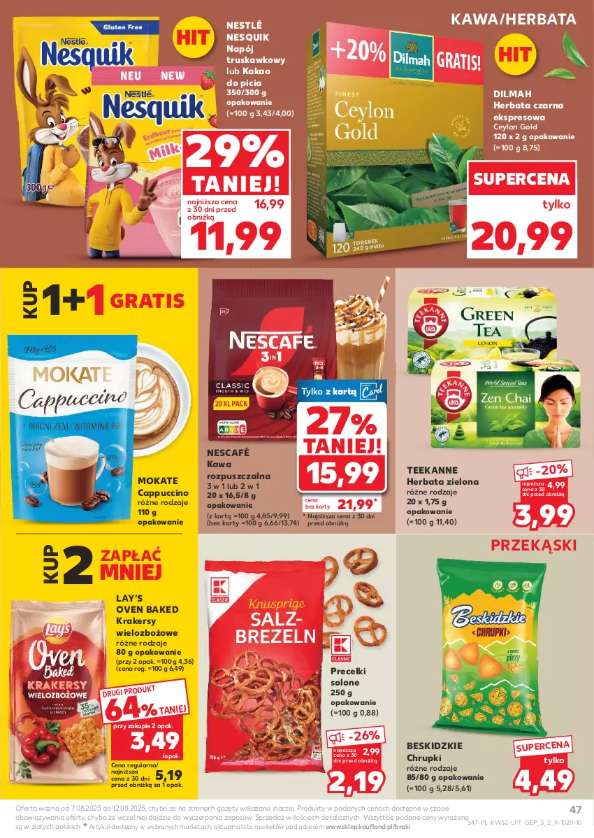Gazetka promocyjna Kaufland - Gazetka tygodnia - ważna 07.08 do 12.08.2025 - strona 47 - produkty: Beskidzki, Cappuccino, Chrupki, Dilmah, Dres, Gra, Herbata, Herbata czarna, Kakao, Kawa, Kawa rozpuszczalna, Krakersy, Lay’s, Napój, Nescafé, Nesquik, Nestlé, Precelki, Teekanne