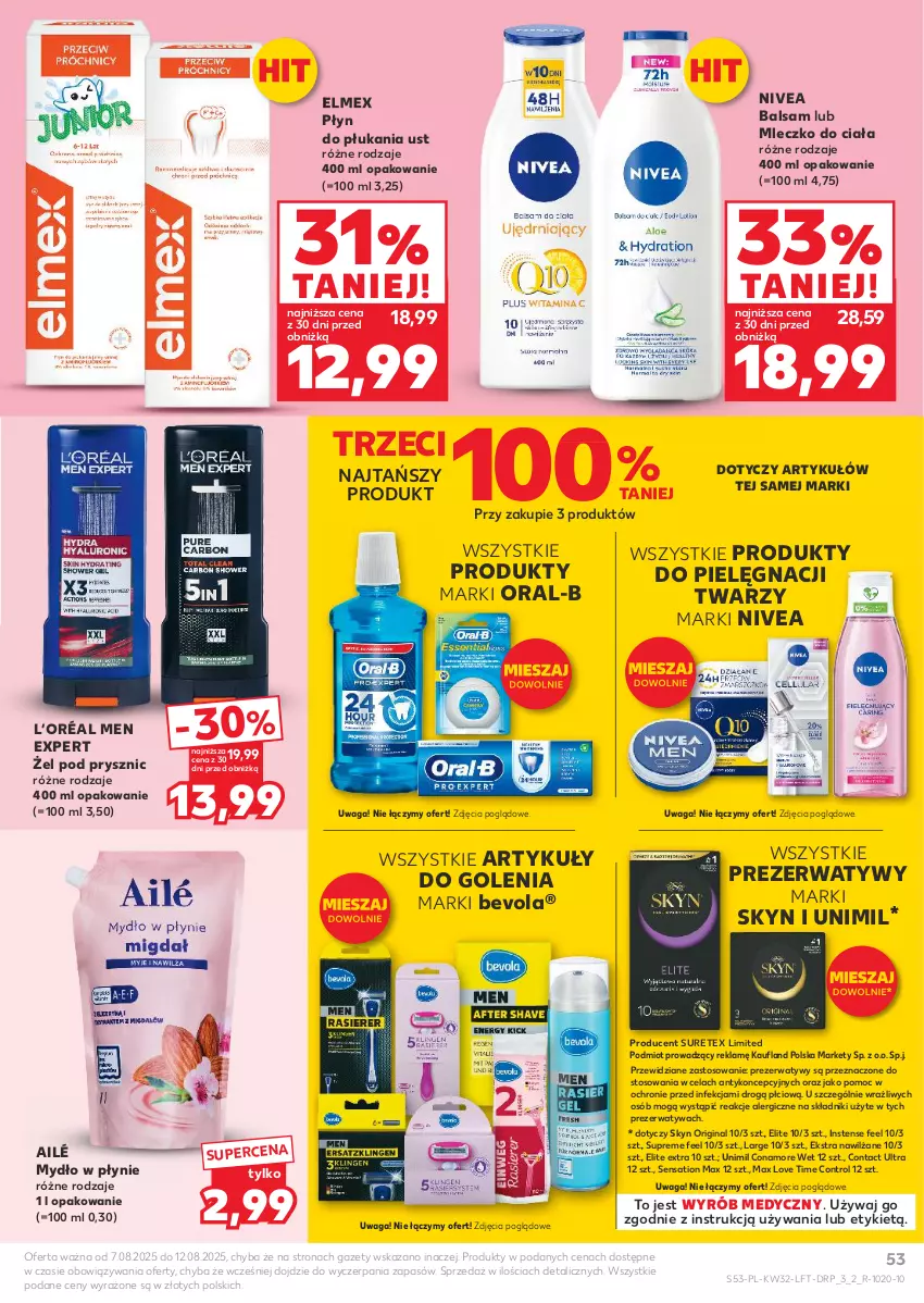 Gazetka promocyjna Kaufland - Gazetka tygodnia - ważna 07.08 do 12.08.2025 - strona 53 - produkty: Control, Elmex, Gin, L’Oréal, Mleczko, Mleczko do ciała, Mydło, Mydło w płynie, Nivea, Płyn do płukania, Prezerwatyw, Sati, Skyn, Unimil, Waga