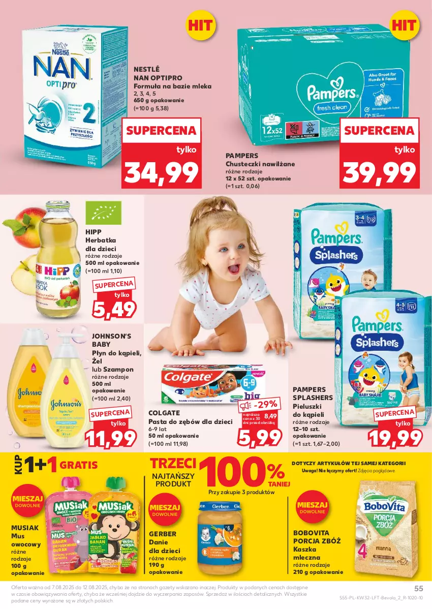 Gazetka promocyjna Kaufland - Gazetka tygodnia - ważna 07.08 do 12.08.2025 - strona 55 - produkty: BoboVita, Chusteczki, Colgate, Danie dla dzieci, Dzieci, Gerber, Gra, HiPP, LG, Mus, NAN Optipro, Nestlé, Pampers, Pasta do zębów, Płyn do kąpieli, Por, Szampon, Waga