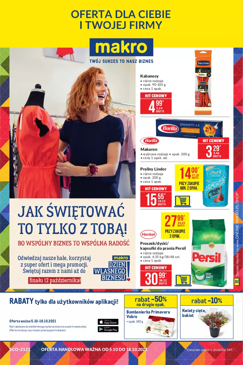 Gazetka promocyjna Makro - [Oferta promocyjna] Artykuły spożywcze - ważna 05.10 do 18.10.2021 - strona 1 - produkty: Bukiet, Kabanos, Kapsułki do prania, Kwiaty cięte, Lindor, Makaron, Persil, Praliny, Prima, Primavera