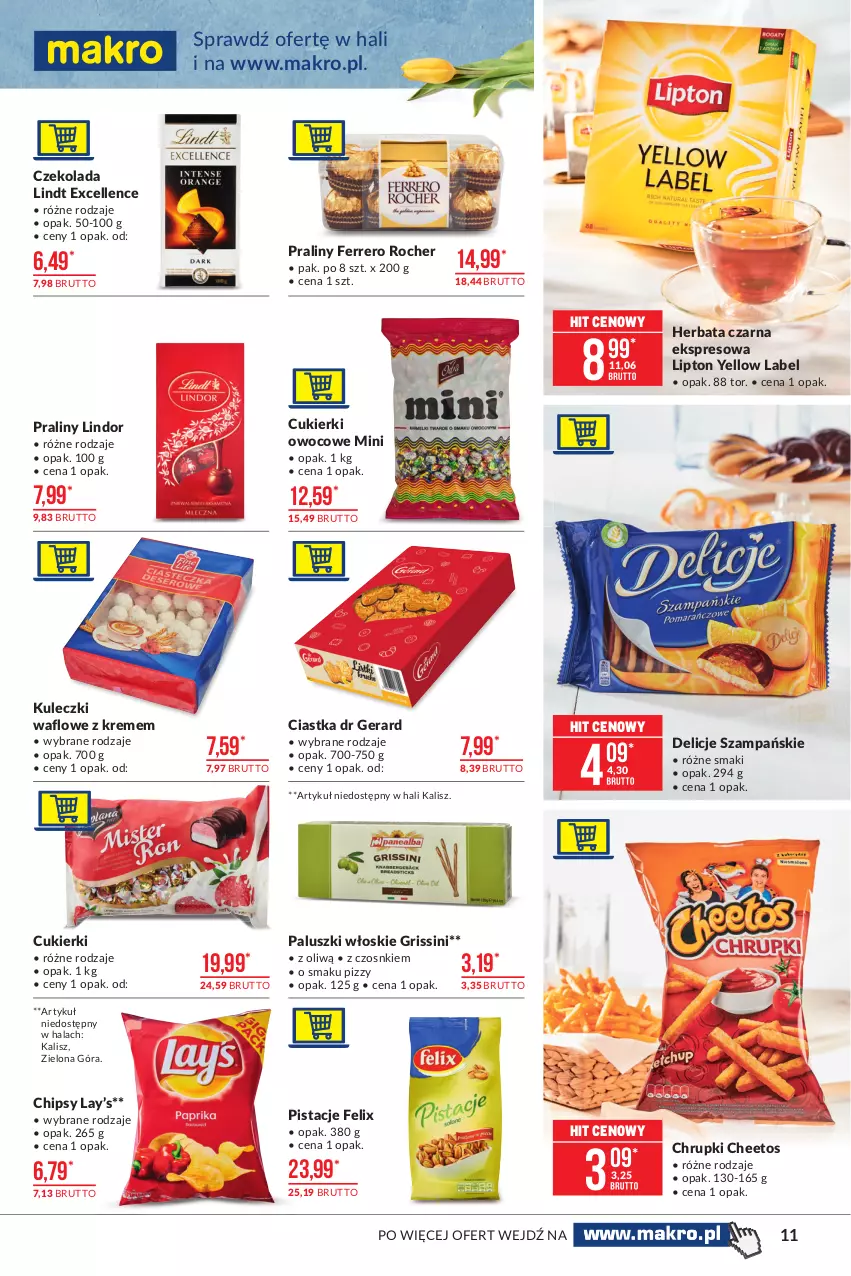 Gazetka promocyjna Makro - [Oferta promocyjna] Artykuły spożywcze - ważna 09.03 do 22.03.2021 - strona 11 - produkty: Cheetos, Chipsy, Chrupki, Ciastka, Cukier, Cukierki, Czekolada, Delicje, Dr Gerard, Felix, Ferrero, Ferrero Rocher, Grissini, Herbata, Herbata czarna, Lay’s, Lindor, Lindt, Lipton, Pistacje, Praliny