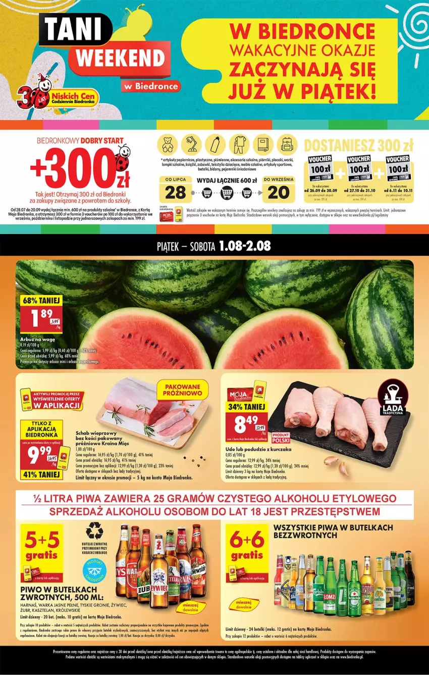 Gazetka promocyjna Biedronka - Tani Weekend - ważna 01.08 do 02.08.2025 - strona 1 - produkty: Arbuz, Danio, Dzieci, Fa, Gra, Harnaś, Kasztelan, Kije, Królewski, Kurczak, Meble, Papier, Piórnik, Piwa, Piwo, Plecak, Podudzie z kurczaka, Pojemnik, Por, Presto, Regał, Sport, Top, Tyskie, Warka