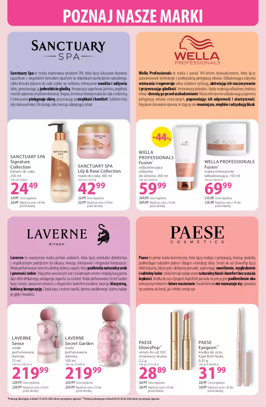Gazetka promocyjna Hebe - Gazetka - ważna 11.05 do 26.05.2026 - strona 10 - produkty: Balsam do ciała, Bukiet, Fusion, Grejpfrut, Kredka, Makijaż, Maska, Masło, Masło do ciała, Nuty, Odżywka, PAESE, Perfum, Por, Rum, Sanctuary Spa, Sandał, Ser, Serum, Wella, Woda, Woda perfumowana