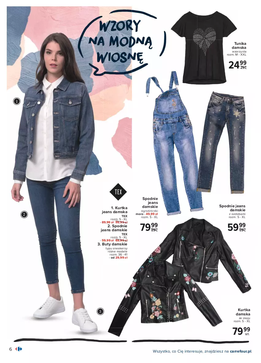 Gazetka promocyjna Carrefour - Gazetka Wyznaczaj wiosenne trendy - ważna 05.04 do 17.04.2021 - strona 6 - produkty: Buty, Kurtka, Ozdoba, Sneakersy, Spodnie, Spodnie jeans, Tunika