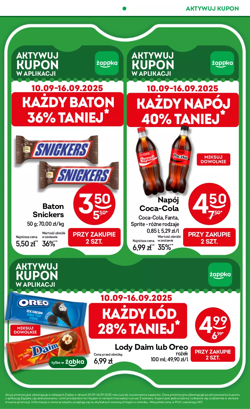 Gazetka promocyjna Żabka - ważna 10.09 do 23.09.2025 - strona 11 - produkty: Baton, Coca-Cola, Fa, Fanta, Lody, Napój, Oreo, Rama, Snickers, Sprite, Tran