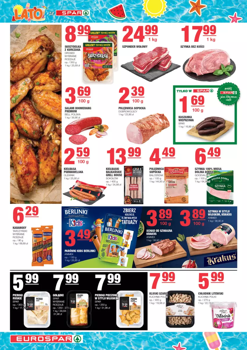 Gazetka promocyjna Spar - EuroSpar - ważna 13.08 do 23.08.2023 - strona 4 - produkty: Bell, Grill, Kabanos, Kasza, Kaszanka, Kiełbasa, Krakus, Kuchnia, Kurczak, Olewnik, Pierogi, Polędwica, Salami, Sok, Sokołów, Szponder wołowy, Szynka, Tarczyński, Wawel