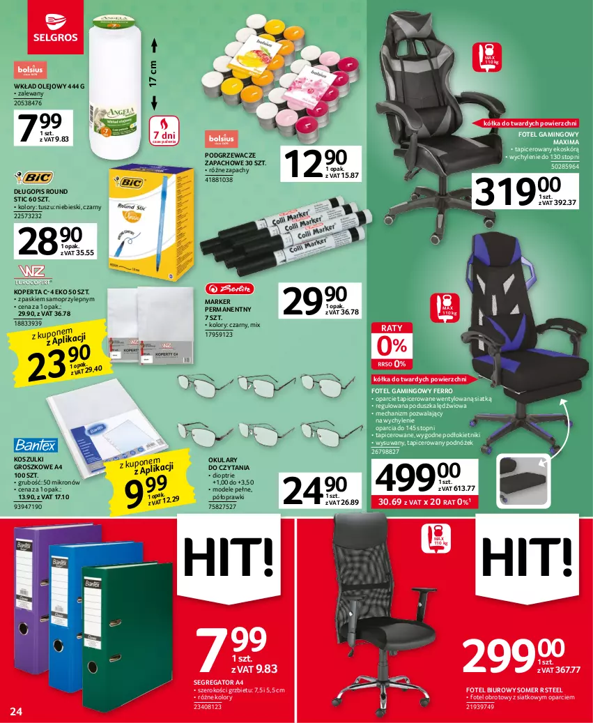 Gazetka promocyjna Selgros - Oferta przemysłowa - ważna 04.05 do 17.05.2023 - strona 24 - produkty: Biuro, Długopis, Fotel, Fotel gamingowy, Kosz, Marker, Mop, Okulary do czytania, Olej, Podgrzewacze, Podnóżek, Poduszka, Top, Tusz, Wkład olejowy