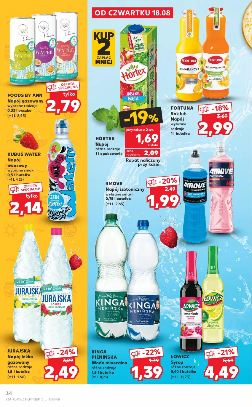 Gazetka promocyjna Kaufland - OFERTA TYGODNIA - ważna 18.08 do 24.08.2022 - strona 34 - produkty: Fortuna, Hortex, Kubuś, Napój, Napój gazowany, Napój izotoniczny, Sok, Syrop, Woda, Woda mineralna