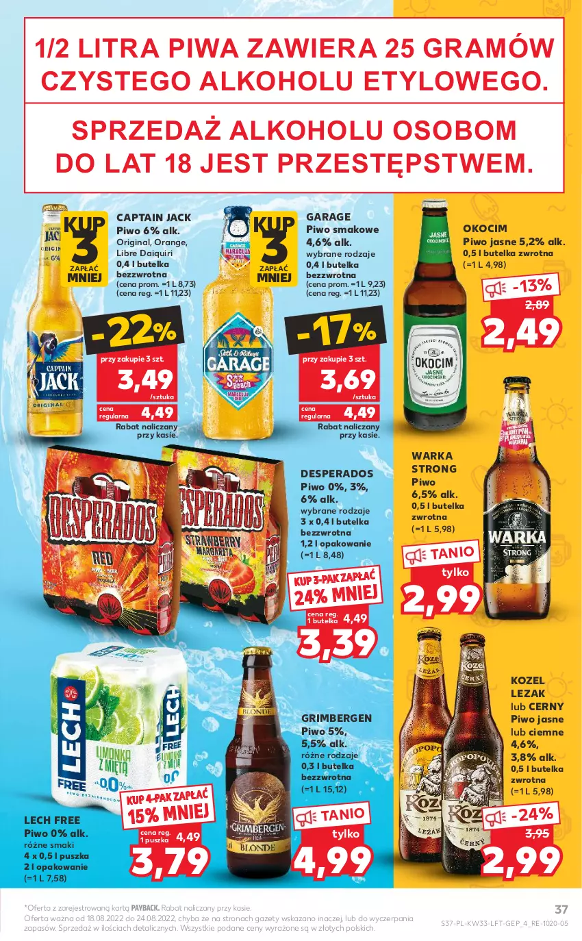 Gazetka promocyjna Kaufland - OFERTA TYGODNIA - ważna 18.08 do 24.08.2022 - strona 37 - produkty: Captain Jack, Desperados, Gin, Gra, Koc, Kozel, Okocim, Piwa, Piwo, Piwo jasne, Warka