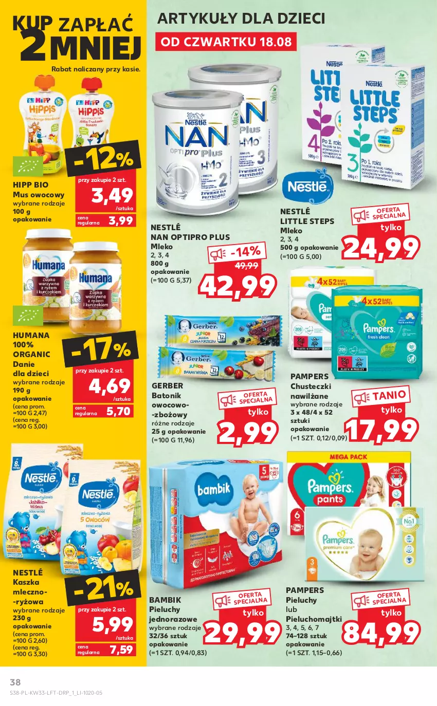 Gazetka promocyjna Kaufland - OFERTA TYGODNIA - ważna 18.08 do 24.08.2022 - strona 38 - produkty: Baton, Chusteczki, Danie dla dzieci, Dzieci, Gerber, HiPP, Hipp Bio, Humana, Majtki, Mleko, Mus, NAN Optipro, Nestlé, Pampers, Pieluchomajtki, Pieluchy, Ryż, Tonik