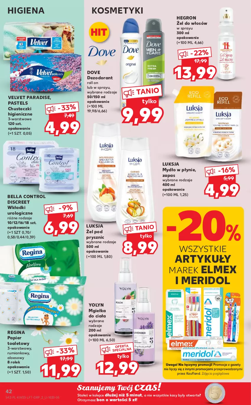 Gazetka promocyjna Kaufland - OFERTA TYGODNIA - ważna 18.08 do 24.08.2022 - strona 42 - produkty: Bell, Bella, Chusteczki, Control, Dezodorant, Discreet, Dove, Elmex, Gin, Hegron, Luksja, Mydło, Mydło w płynie, Olej, Papier, Papier toaletowy, Rum, Velvet, Waga, Wkładki, Wkładki urologiczne