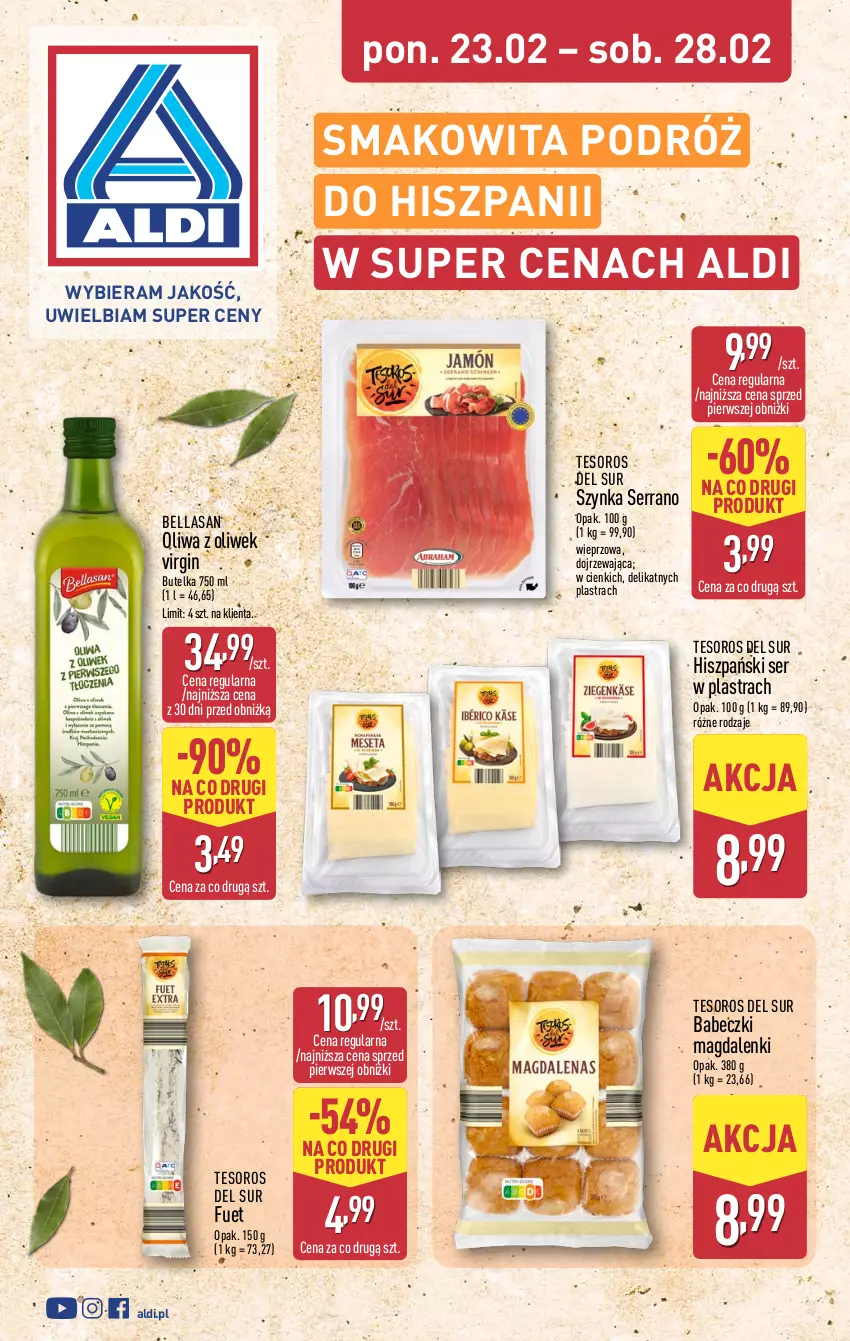 Gazetka promocyjna Aldi - Smakowita podróż do Hiszpanii - ważna 23.02 do 28.02.2026 - strona 1 - produkty: Babeczki, Bell, Bella, Gin, Oliwa, Oliwa z oliwek, Ser, Smakowita, Szynka
