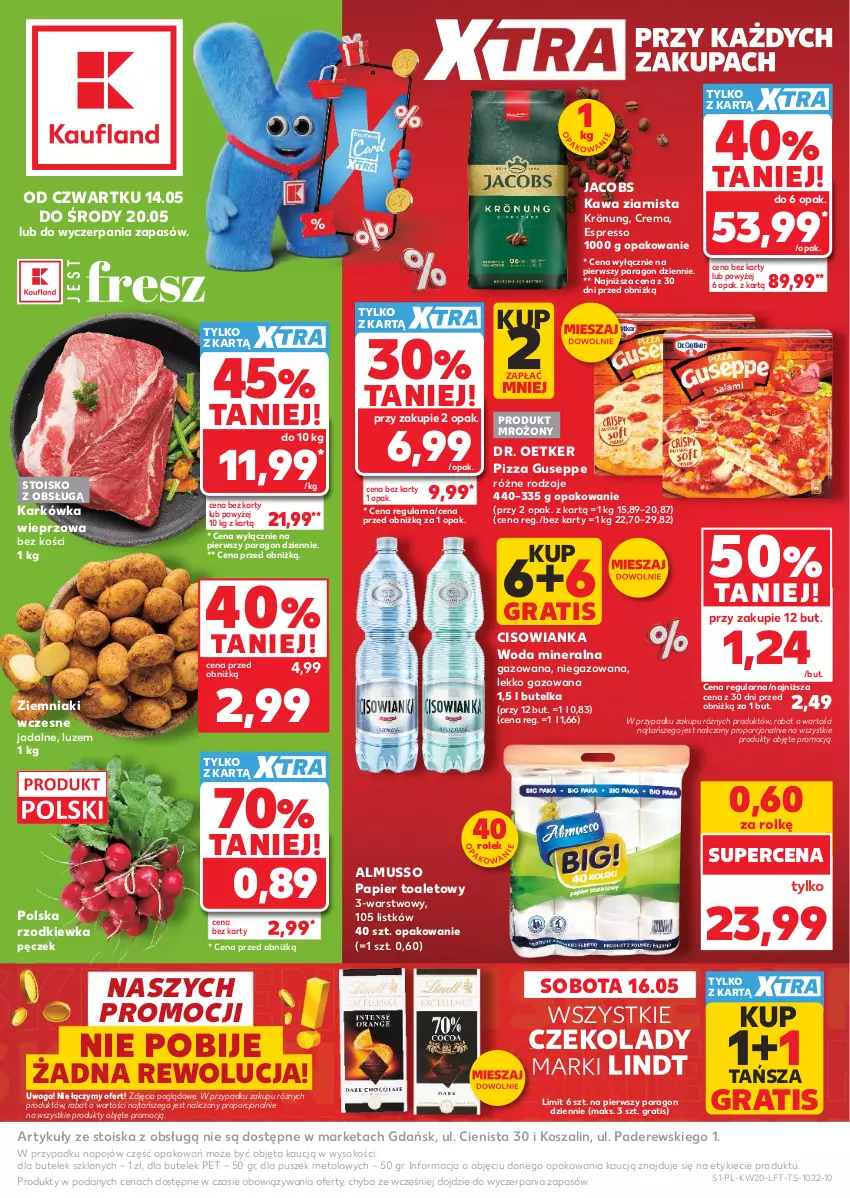 Gazetka promocyjna Kaufland - Gazetka tygodnia - ważna 14.05 do 20.05.2026 - strona 1 - produkty: Cisowianka, Dr. Oetker, Gra, Jacobs, Karkówka wieprzowa, Kawa, Kawa ziarnista, Kosz, Lindt, Mus, Papier, Papier toaletowy, Pizza, Por, Rzodkiewka, Sok, Szal, Waga, Woda, Woda mineralna, Ziemniaki