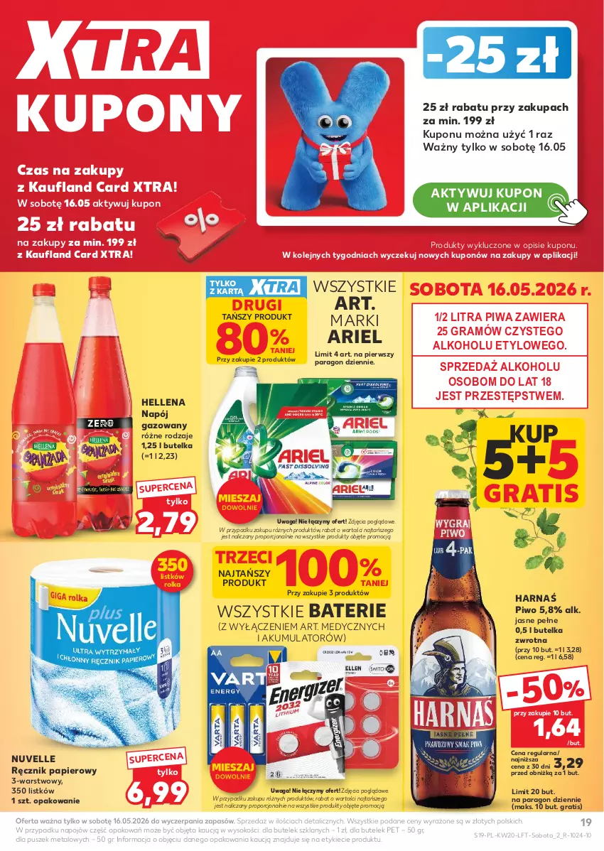 Gazetka promocyjna Kaufland - Gazetka tygodnia - ważna 14.05 do 20.05.2026 - strona 19 - produkty: Akumulator, Ariel, Gra, Harnaś, Hellena, Napój, Napój gazowany, Olej, Papier, Piwa, Piwo, Por, Ręcznik, Sok, Waga