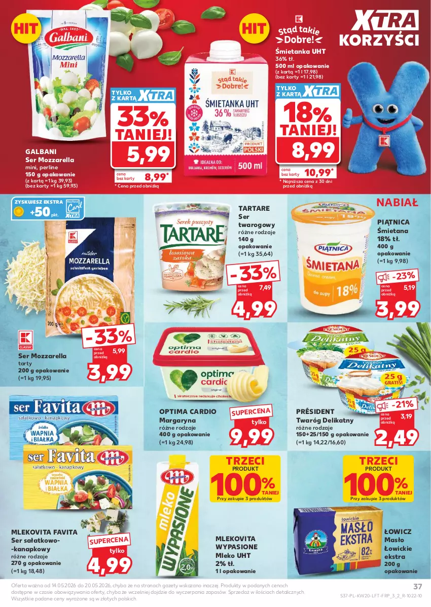 Gazetka promocyjna Kaufland - Gazetka tygodnia - ważna 14.05 do 20.05.2026 - strona 37 - produkty: Fa, Favita, Galbani, Margaryna, Masło, Mleko, Mlekovita, Mozzarella, Optima, Optima Cardio, Piątnica, Président, Sałat, Ser, Ser sałatkowo-kanapkowy, Ser twarogowy, Tarta, Tartare, Twaróg, Twaróg delikatny
