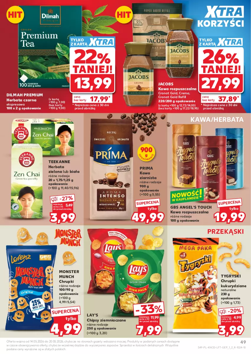 Gazetka promocyjna Kaufland - Gazetka tygodnia - ważna 14.05 do 20.05.2026 - strona 49 - produkty: Chipsy, Chrupki, Dilmah, Gry, Herbata, Herbata czarna, Jacobs, Kawa, Kawa rozpuszczalna, Kawa ziarnista, Lay’s, Monster Munch, Prima, Teekanne