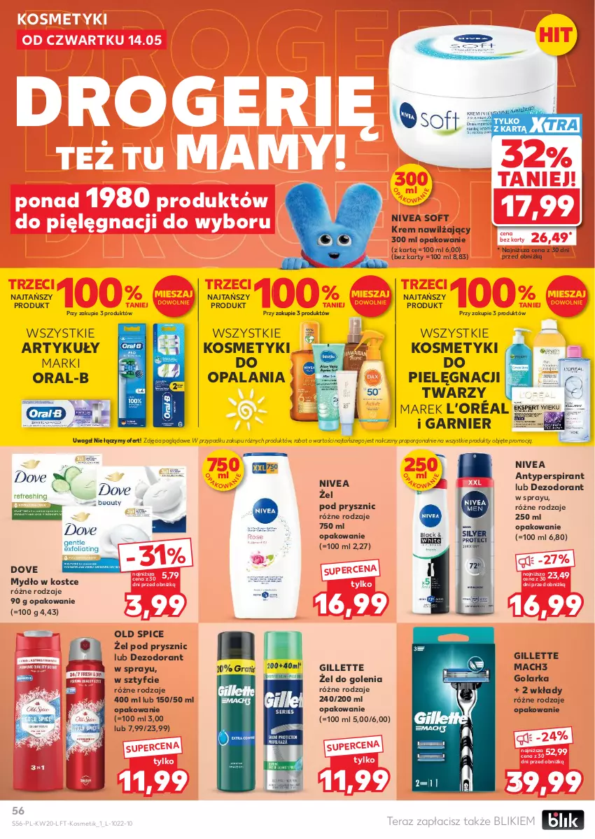 Gazetka promocyjna Kaufland - Gazetka tygodnia - ważna 14.05 do 20.05.2026 - strona 56 - produkty: Antyperspirant, Dezodorant, Dove, Garnier, Gillette, Golarka, Kosmetyki do pielęgnacji, Krem nawilżający, L’Oréal, Mach3, Mydło, Nivea, Old Spice, Por, Tera, Waga
