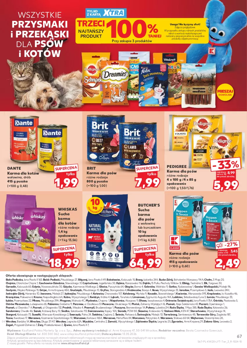 Gazetka promocyjna Kaufland - Gazetka tygodnia - ważna 14.05 do 20.05.2026 - strona 67 - produkty: BIC, Brit, Butcher's, Dres, Drób, Gry, Kosz, Kurczak, LANA, Pedigree, Piast, Piec, Podlaski, Por, Przysmaki, Sok, Sucha karma, Szal, Waga, Whiskas, Wino, Wołowina