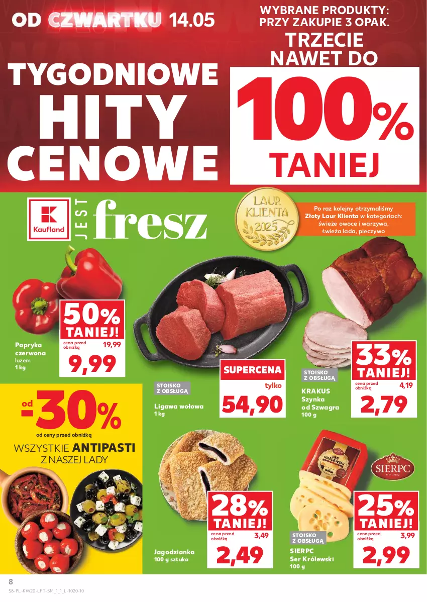 Gazetka promocyjna Kaufland - Gazetka tygodnia - ważna 14.05 do 20.05.2026 - strona 8 - produkty: Gra, Jagodzianka, Krakus, Królewski, Laur, Olej, Owoce, Papryka, Papryka czerwona, Piec, Pieczywo, Ser, Szynka, Warzywa