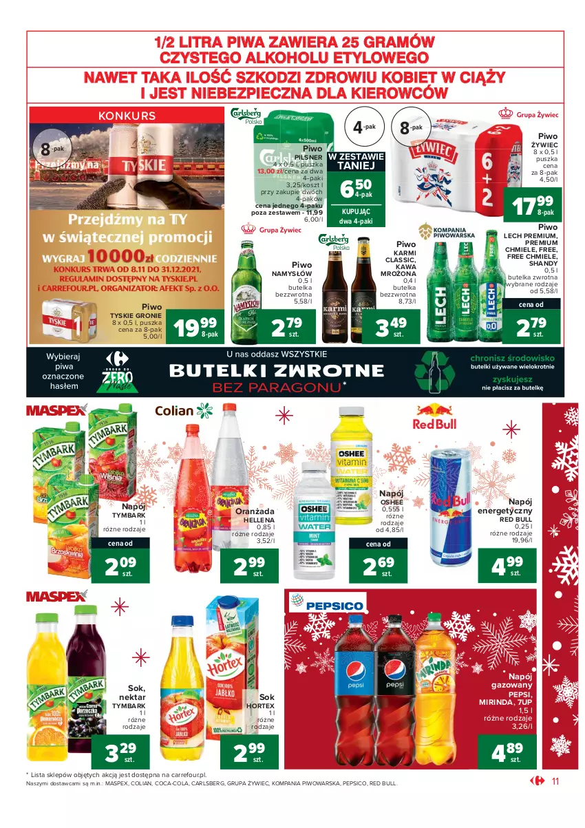 Gazetka promocyjna Carrefour - Gazetka Market - ważna 07.12 do 12.12.2021 - strona 11 - produkty: 7up, Carlsberg, Coca-Cola, Gra, Hellena, Hortex, Karmi, Kawa, Kosz, Lech Premium, Mirinda, Namysłów, Napój, Napój energetyczny, Napój gazowany, Nektar, Oranżada, Oshee, Pepsi, Piec, Piwa, Piwo, Red Bull, Sok, Tymbark, Tyskie