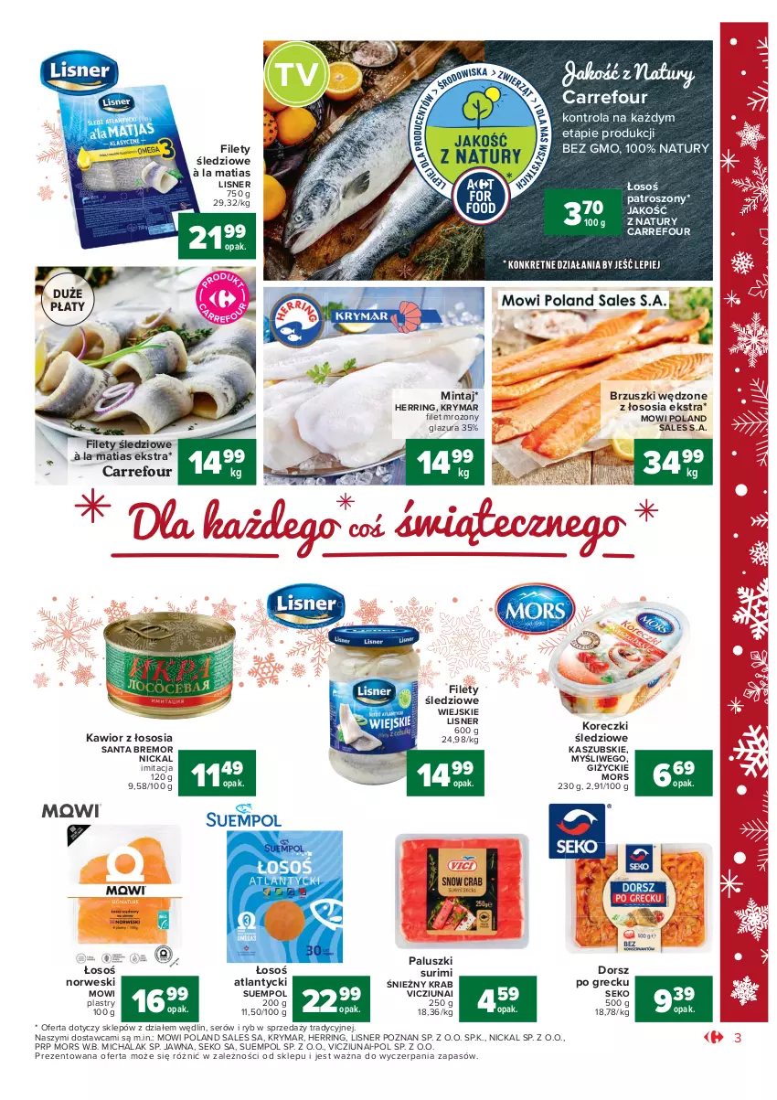 Gazetka promocyjna Carrefour - Gazetka Market - ważna 07.12 do 12.12.2021 - strona 3 - produkty: Dorsz, Glazura, Kawior, Koreczki śledziowe, Lazur, Lisner, Mintaj, SEKO, Ser, Sos, Suempol, Surimi