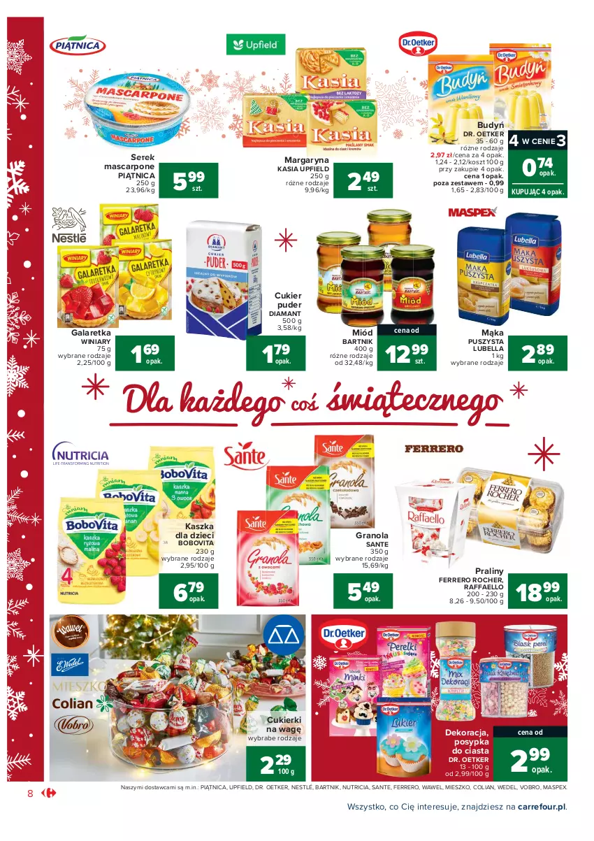 Gazetka promocyjna Carrefour - Gazetka Market - ważna 07.12 do 12.12.2021 - strona 8 - produkty: Bell, Bella, BoboVita, Budyń, Cukier, Cukier puder, Cukierki, Diamant, Dr. Oetker, Dzieci, Fa, Ferrero, Ferrero Rocher, Gala, Galaretka, Gra, Granola, Kasia, Kosz, Lubella, Mąka, Margaryna, Mascarpone, Miód, Nestlé, Piątnica, Piec, Praliny, Puder, Raffaello, Sante, Ser, Serek, Wawel, Winiary