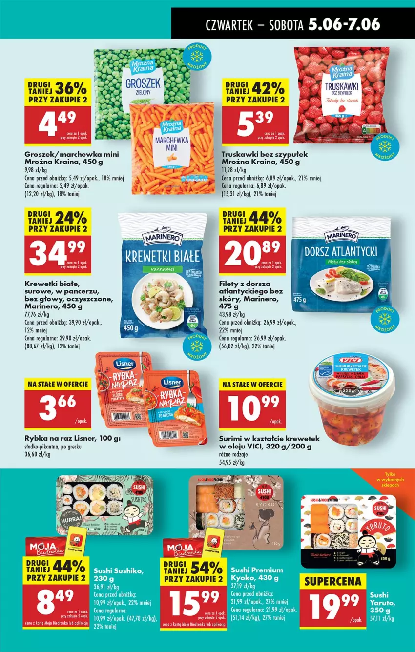 Gazetka promocyjna Biedronka - Od Czwartku - ważna 05.06 do 11.06.2025 - strona 35 - produkty: Dorsz, Groszek, Krewetki, Lisner, Marchewka, Olej, Rybka na raz, Surimi, Sushi, Truskawki