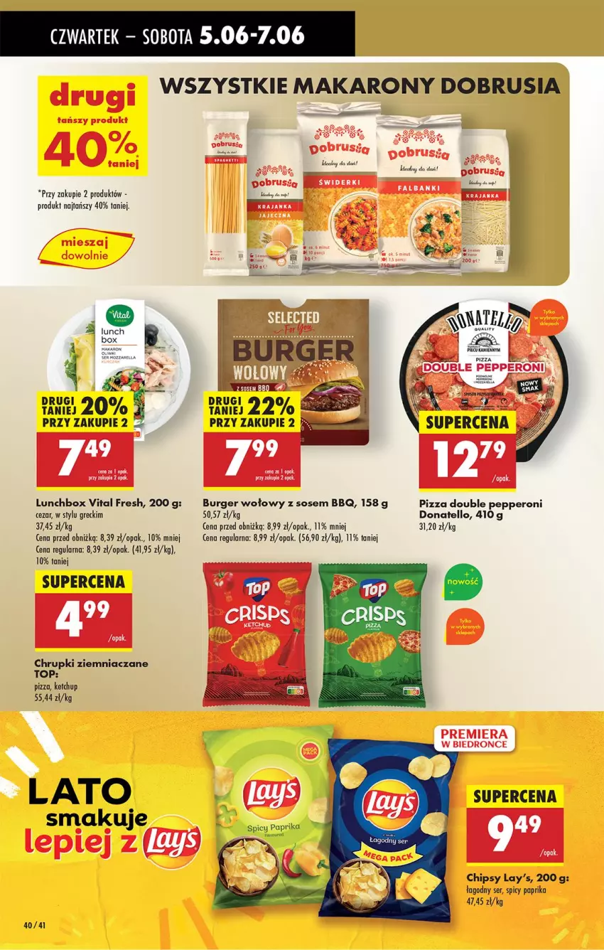 Gazetka promocyjna Biedronka - Od Czwartku - ważna 05.06 do 11.06.2025 - strona 46 - produkty: Burger, Chipsy, Chrupki, Lunch box, Makaron, Obrus, Pax, Pizza, Ser, Sos, Top