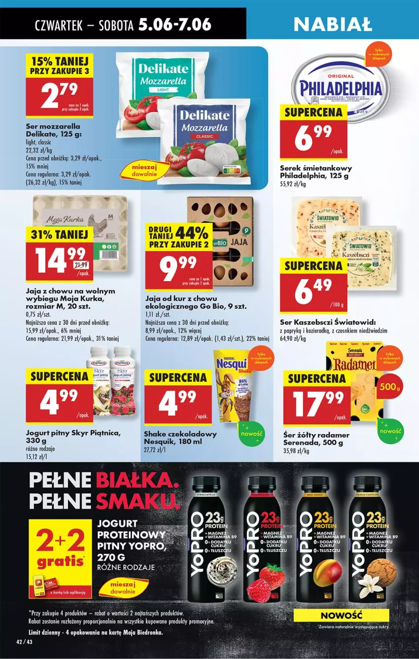 Gazetka promocyjna Biedronka - Od Czwartku - ważna 05.06 do 11.06.2025 - strona 48 - produkty: Jaja, Jogurt, Jogurt pitny, Mozzarella, Nesquik, Philadelphia, Por, Radamer, Ser, Serek