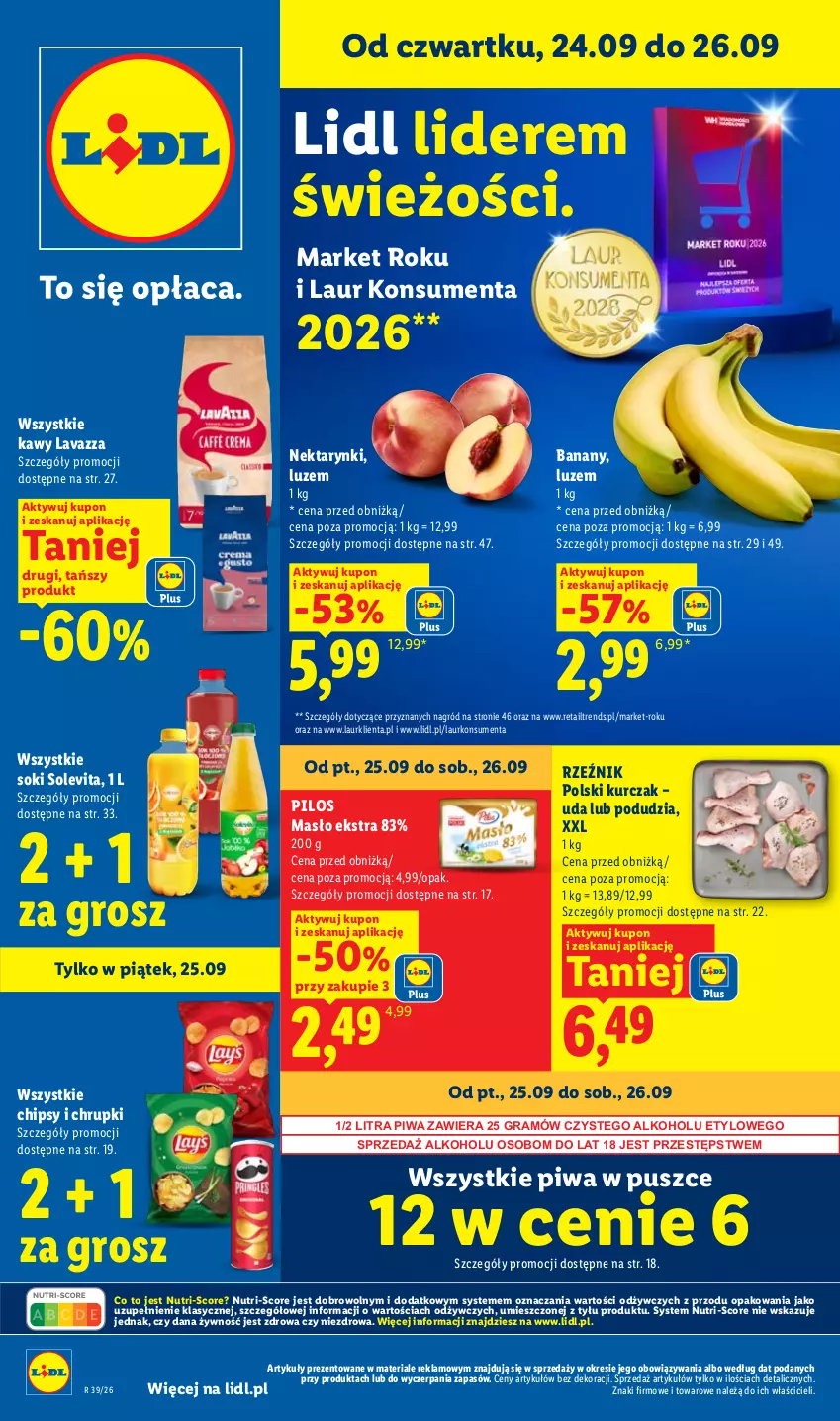 Gazetka promocyjna Lidl - Gazetka ważna od 24.09 do 26.09 - ważna 24.09 do 26.09.2026 - strona 1 - produkty: Banany, Chipsy, Chrupki, Gra, Kurczak, Laur, Lavazza, Masło, Nektar, Pilos, Piwa, Sok