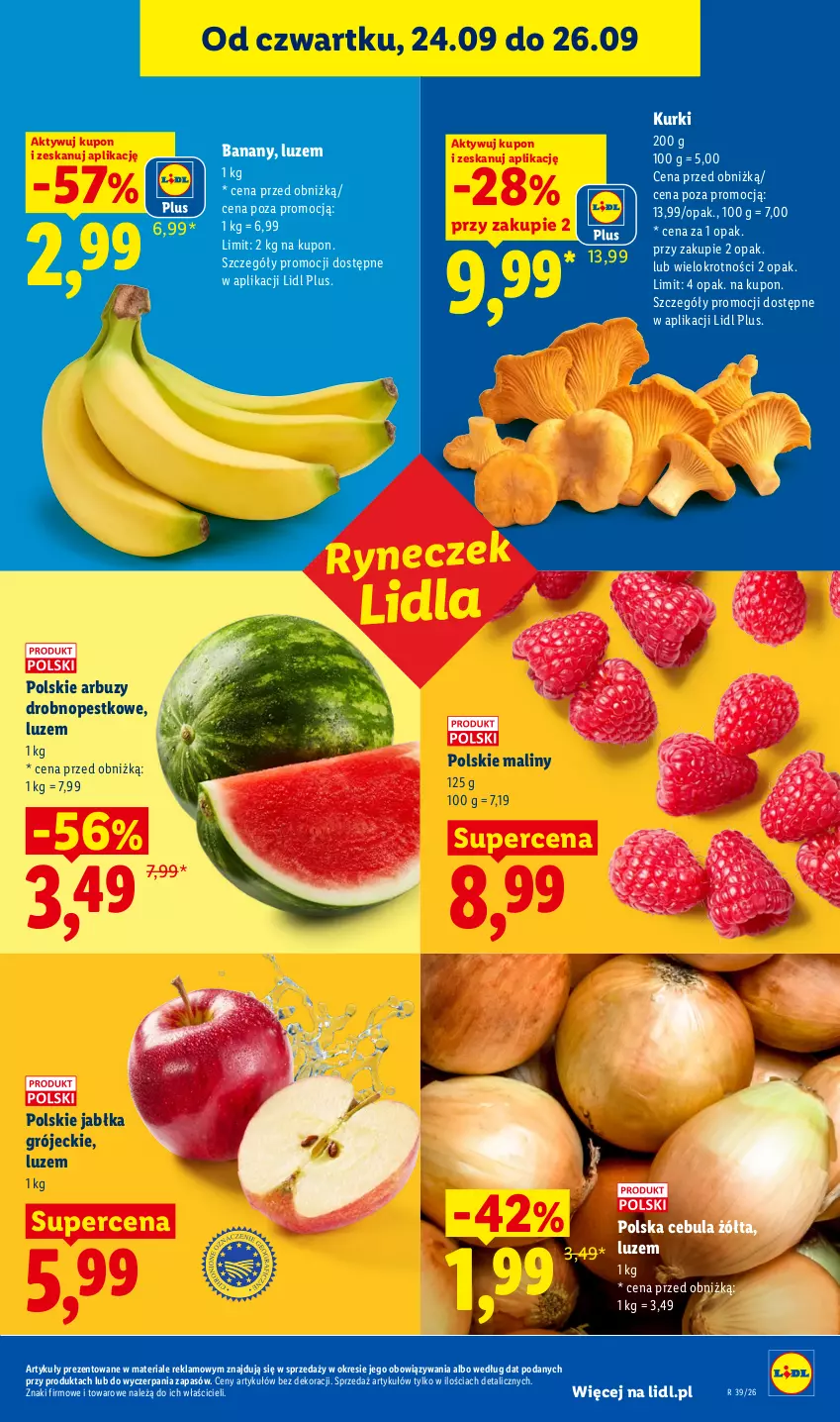 Gazetka promocyjna Lidl - Gazetka ważna od 24.09 do 26.09 - ważna 24.09 do 26.09.2026 - strona 49 - produkty: Arbuz, Banany, Cebula, Jabłka, Maliny