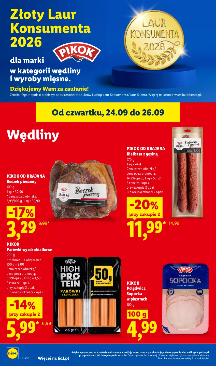 Gazetka promocyjna Lidl - Gazetka ważna od 24.09 do 26.09 - ważna 24.09 do 26.09.2026 - strona 62 - produkty: Boczek, Boczek pieczony, Fa, Kiełbasa, Laur, Parówki, Piec, PIKOK, Polędwica, Sok