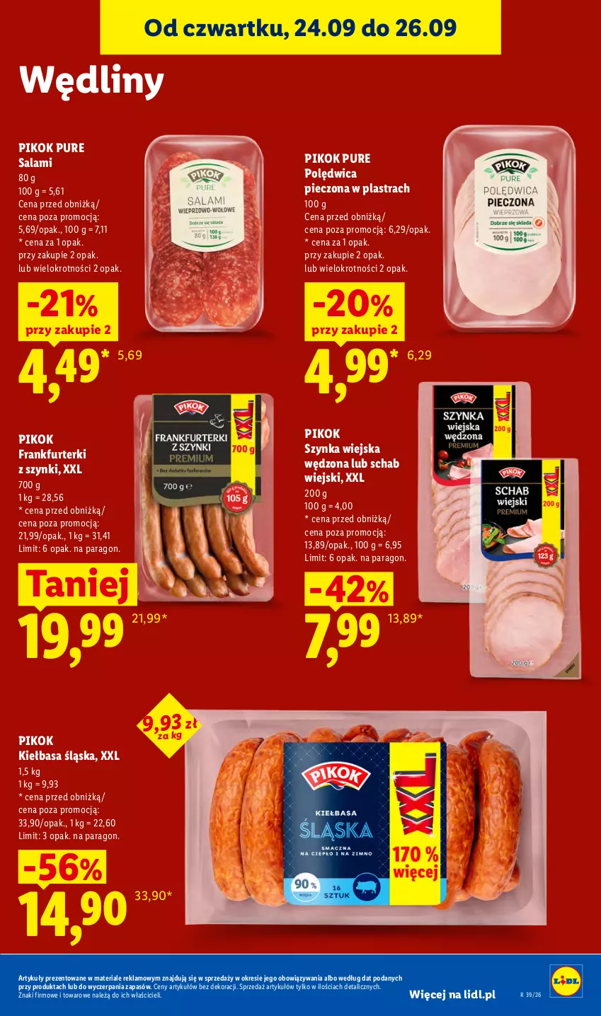 Gazetka promocyjna Lidl - Gazetka ważna od 24.09 do 26.09 - ważna 24.09 do 26.09.2026 - strona 63 - produkty: Frankfurterki, Kiełbasa, Kiełbasa śląska, Piec, PIKOK, Polędwica, Pur, Salami, Szynka