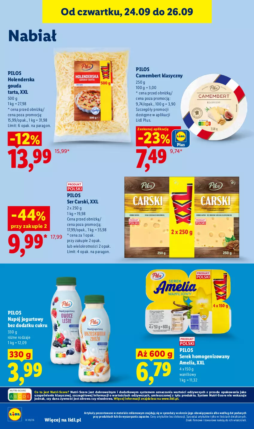 Gazetka promocyjna Lidl - Gazetka ważna od 24.09 do 26.09 - ważna 24.09 do 26.09.2026 - strona 66 - produkty: Camembert, Cars, Gouda, Jogurt, Napój, Napój jogurtowy, Pilos, Ser, Serek, Serek homogenizowany, Tarta