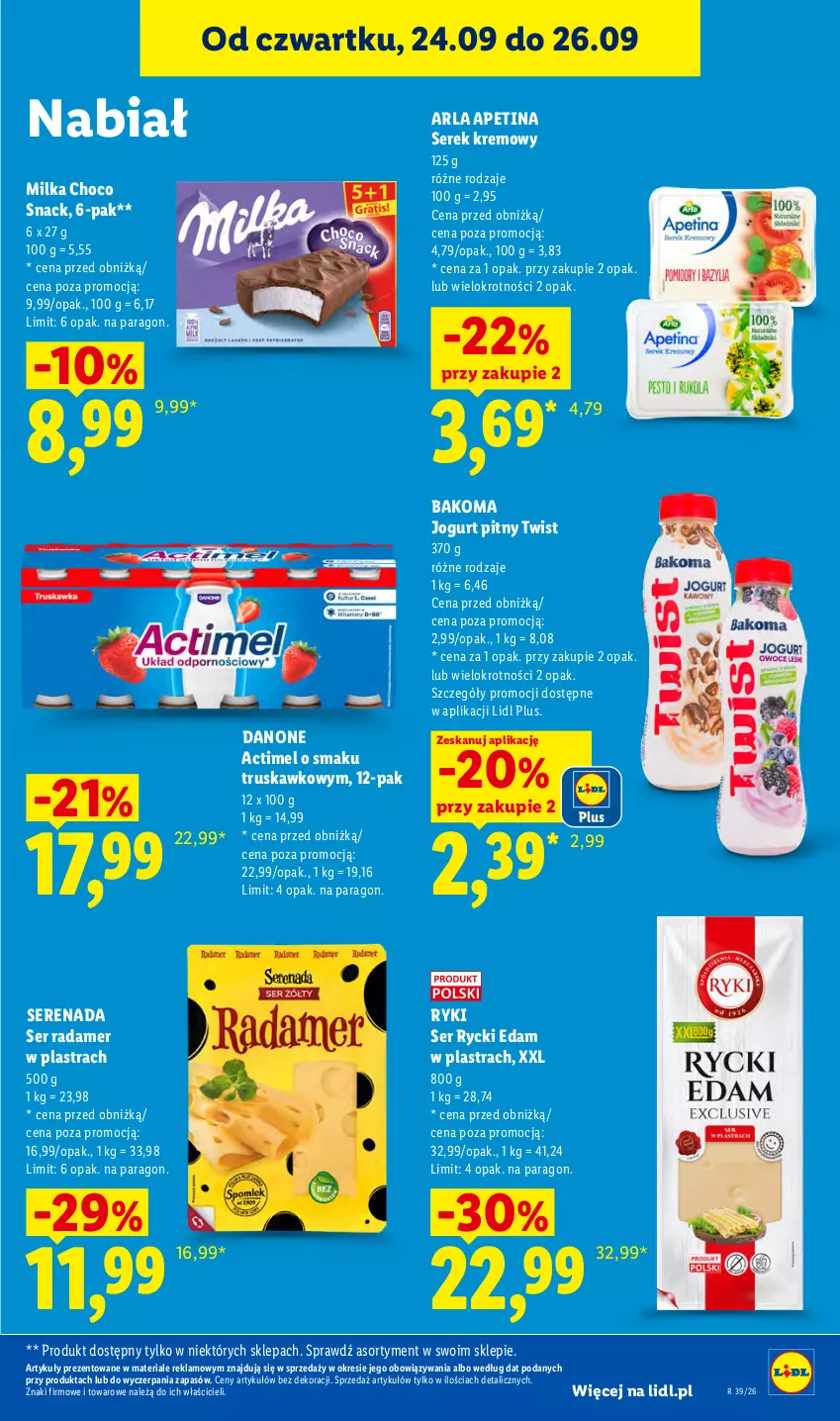 Gazetka promocyjna Lidl - Gazetka ważna od 24.09 do 26.09 - ważna 24.09 do 26.09.2026 - strona 67 - produkty: Actimel, Bakoma, Danone, Edam, Jogurt, Jogurt pitny, Milka, Radamer, Rycki Edam, Ser, Serek