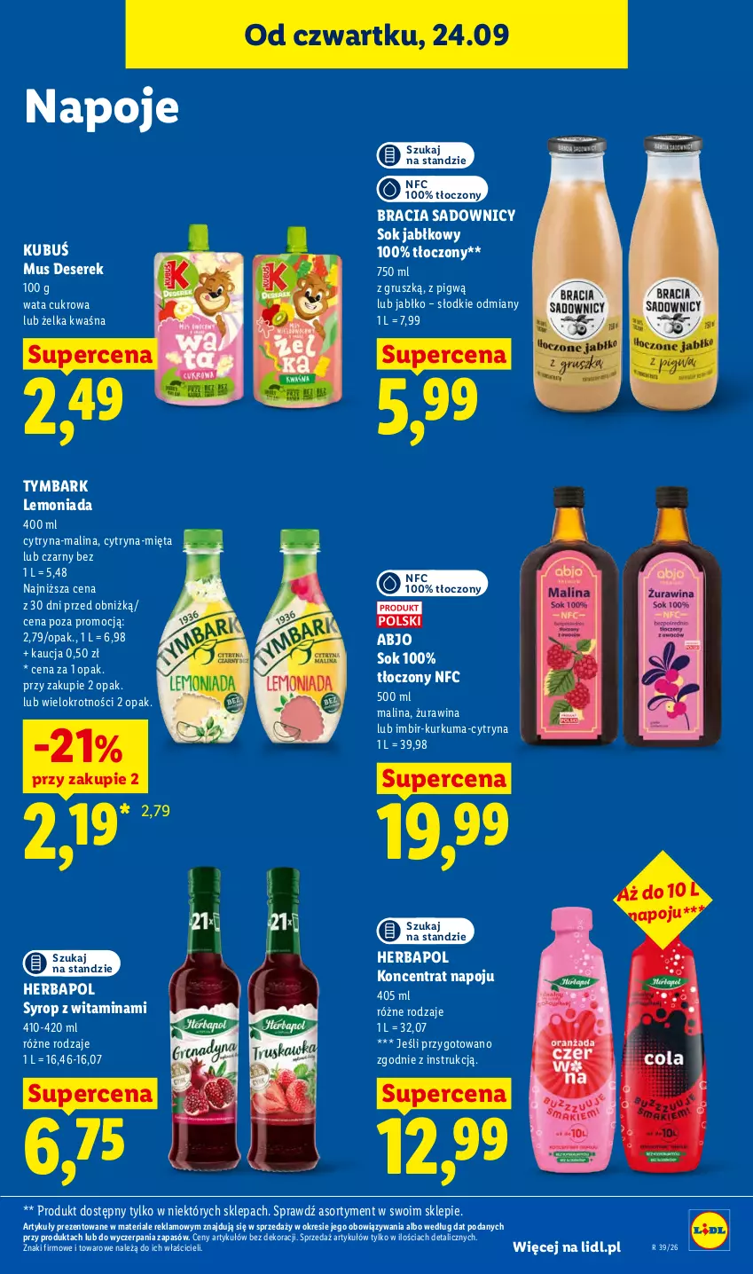 Gazetka promocyjna Lidl - Gazetka ważna od 24.09 do 26.09 - ważna 24.09 do 26.09.2026 - strona 77 - produkty: Deser, Herbapol, Imbir, Kubuś, Kurkuma, Lemoniada, Mięta, Mus, Napoje, Ser, Serek, Sok, Sok jabłkowy, Syrop, Tymbark, Wata cukrowa