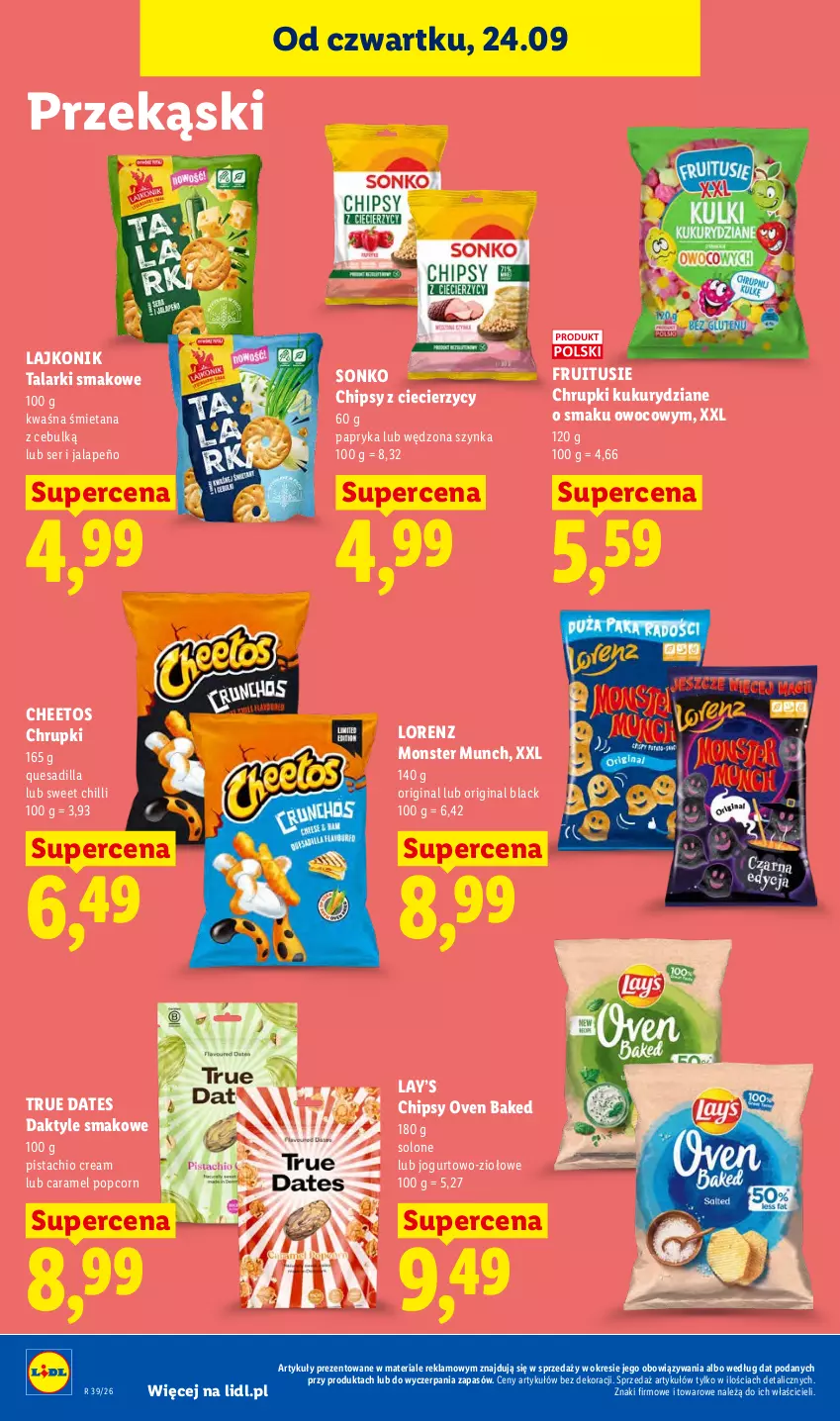 Gazetka promocyjna Lidl - Gazetka ważna od 24.09 do 26.09 - ważna 24.09 do 26.09.2026 - strona 90 - produkty: Cheetos, Chipsy, Chrupki, Daktyle, Gin, Jogurt, Lack, Lajkonik, Lay’s, Lorenz, Monster Munch, Papryka, Popcorn, Ser, Sonko, Szynka