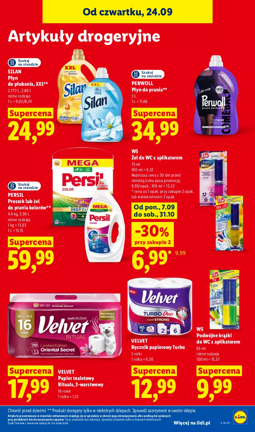 Gazetka promocyjna Lidl - Gazetka ważna od 24.09 do 26.09 - ważna 24.09 do 26.09.2026 - strona 99 - produkty: Papier, Papier toaletowy, Persil, Perwoll, Płyn do płukania, Płyn do prania, Ręcznik, Rolki, Silan, Velvet