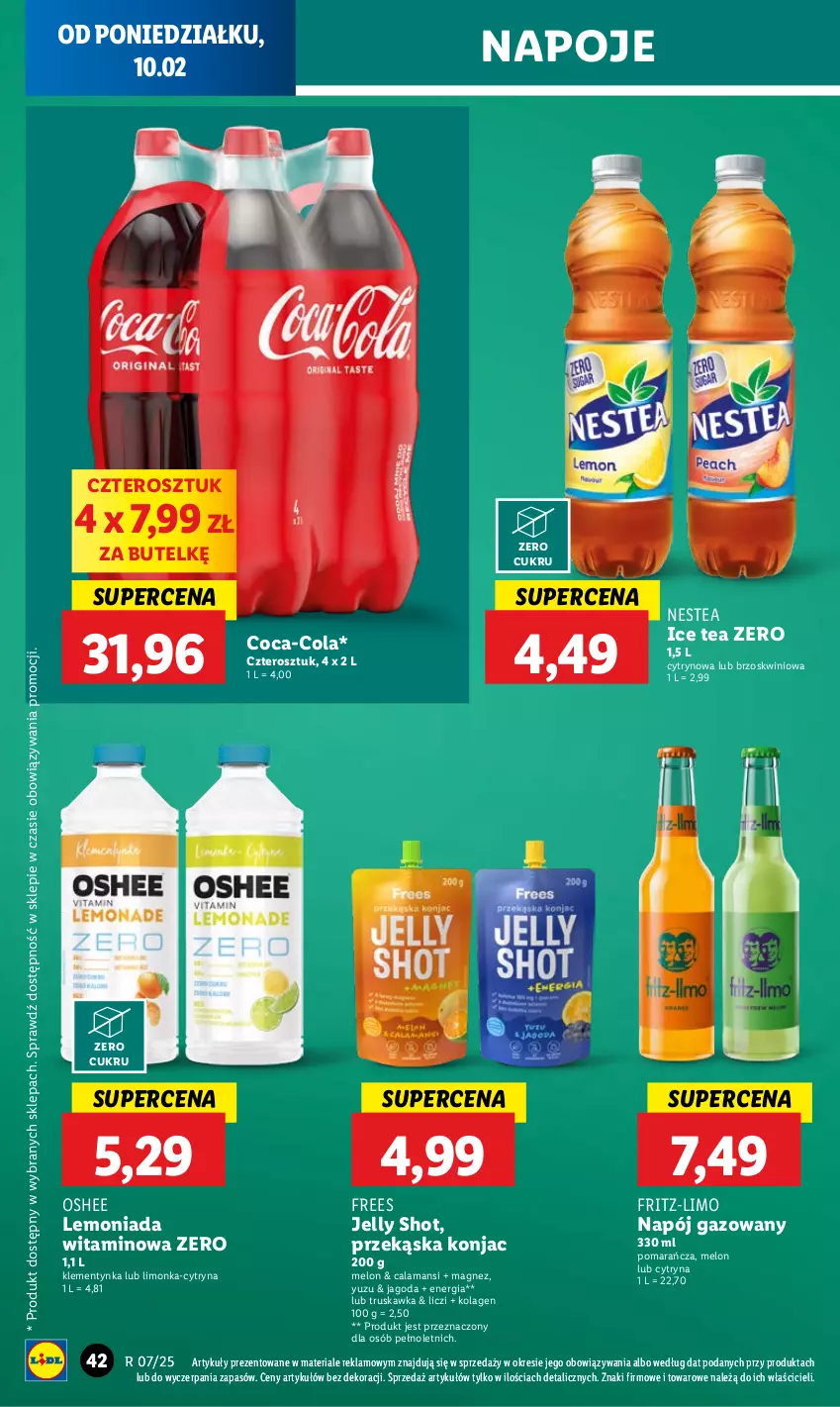 Gazetka promocyjna Lidl - GAZETKA - ważna 10.02 do 12.02.2025 - strona 46 - produkty: Coca-Cola, Ice tea, Kolagen, Lemoniada, Liczi, Limonka, Magnez, Melon, Napój, Napój gazowany, Napoje, Nestea, Oshee