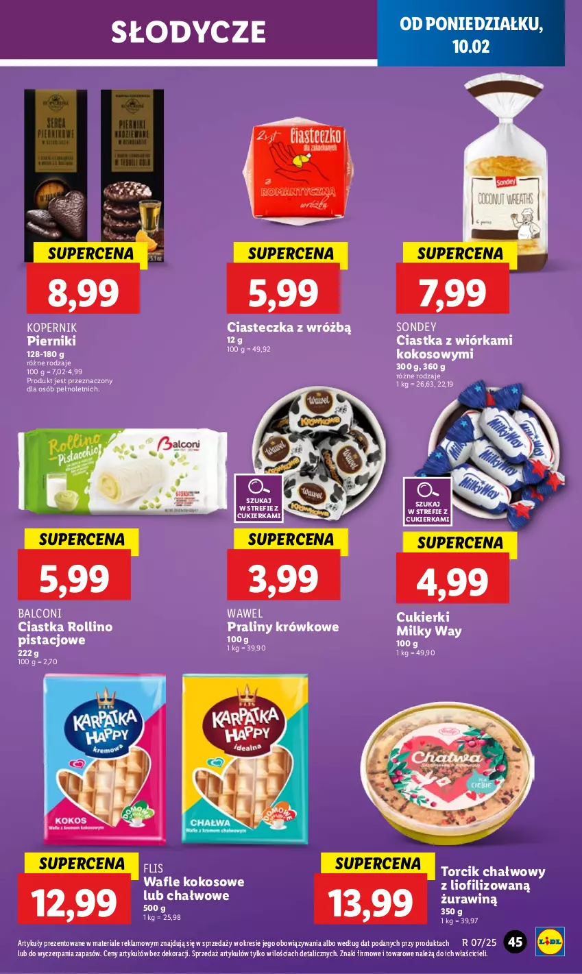 Gazetka promocyjna Lidl - GAZETKA - ważna 10.02 do 12.02.2025 - strona 49 - produkty: Alcon, Ciastka, Cukier, Cukierki, Kokos, Milky Way, Piernik, Praliny, Wafle, Wawel