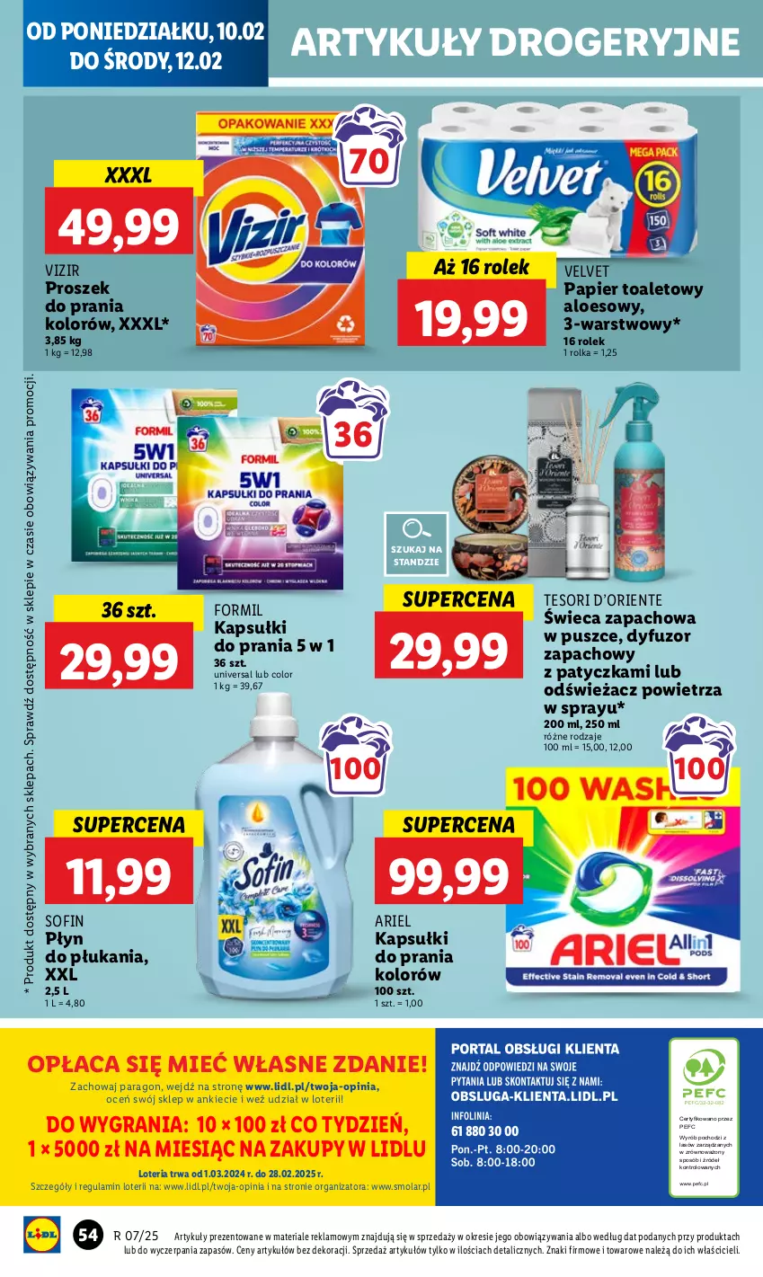 Gazetka promocyjna Lidl - GAZETKA - ważna 10.02 do 12.02.2025 - strona 60 - produkty: Ariel, Dyfuzor zapachowy, Gra, Kapsułki do prania, Mola, Odświeżacz powietrza, Papier, Papier toaletowy, Płyn do płukania, Proszek do prania, Velvet, Vizir