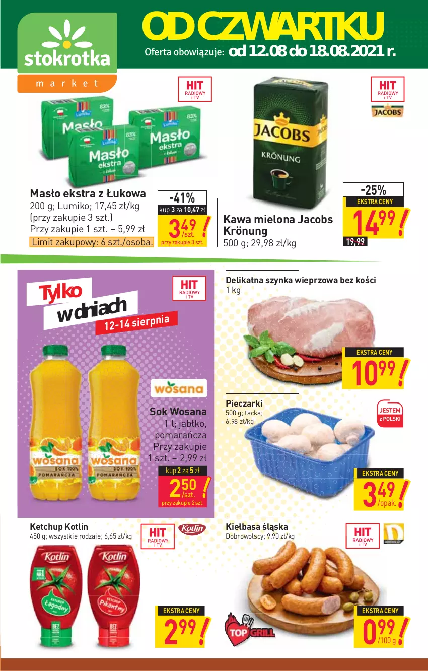 Gazetka promocyjna Stokrotka - Market - ważna 12.08 do 18.08.2021 - strona 1 - produkty: Jacobs, Jacobs Krönung, Kawa, Kawa mielona, Ketchup, Kiełbasa, Kiełbasa śląska, Kotlin, Masło, Piec, Sok, Szynka, Szynka wieprzowa, Wosana