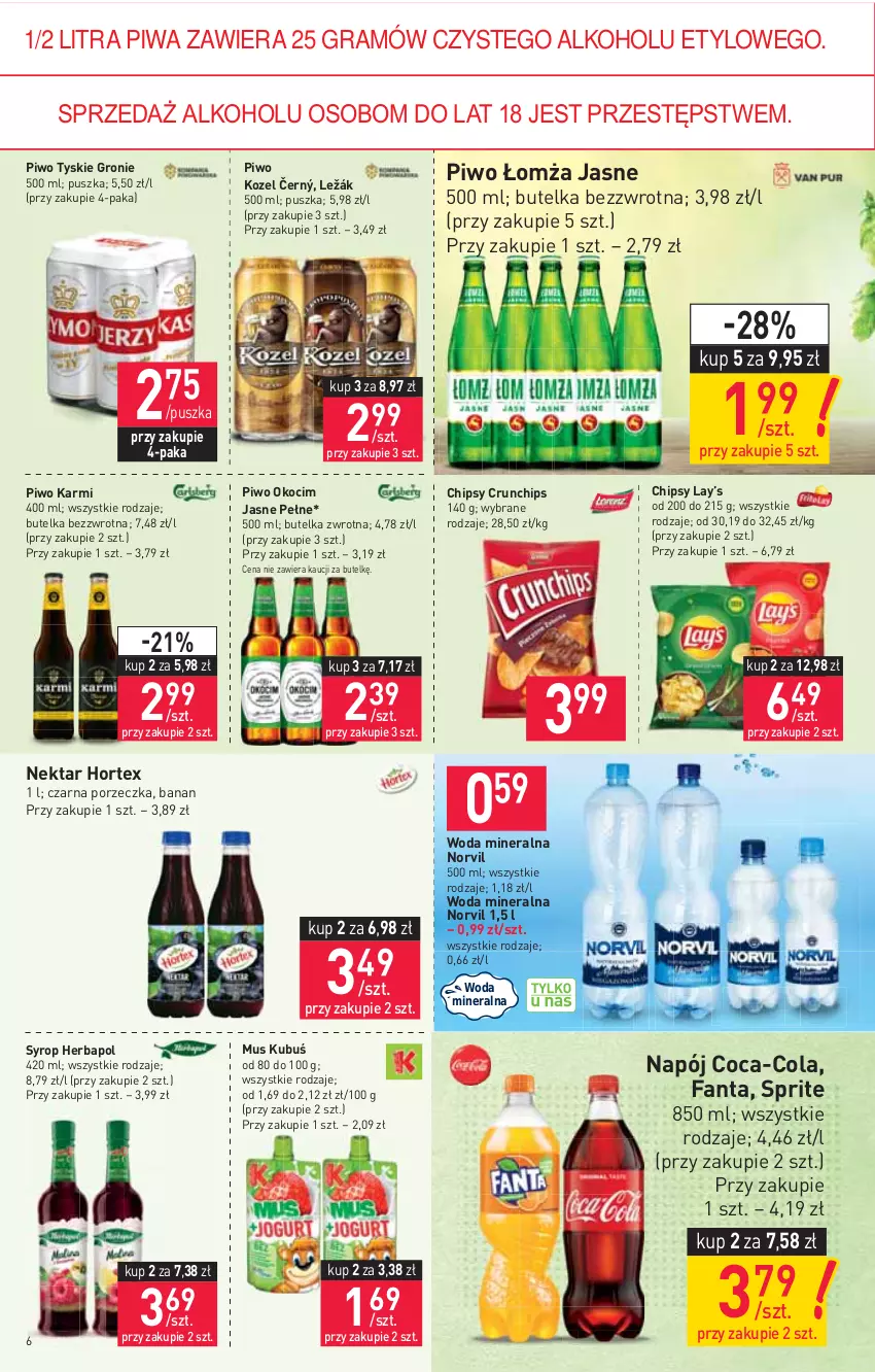 Gazetka promocyjna Stokrotka - Market - ważna 12.08 do 18.08.2021 - strona 6 - produkty: Chipsy, Coca-Cola, Crunchips, Fa, Fanta, Gra, Herbapol, Hortex, Karmi, Koc, Kozel, Kubuś, Lay’s, Mus, Napój, Nektar, Okocim, Piwa, Piwo, Por, Sprite, Syrop, Tyskie, Woda, Woda mineralna