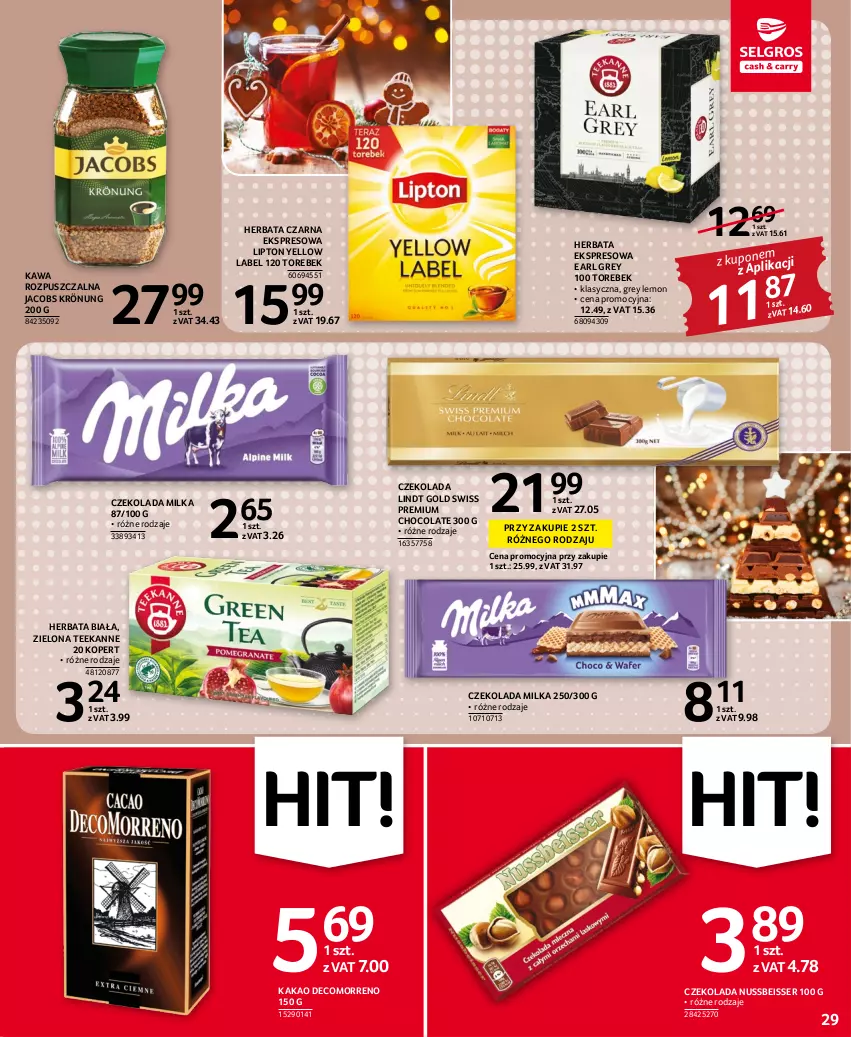 Gazetka promocyjna Selgros - Oferta spożywcza - ważna 17.11 do 30.11.2022 - strona 29 - produkty: Czekolada, Earl Grey, Herbata, Herbata czarna, Jacobs, Jacobs Krönung, Kakao, Kawa, Kawa rozpuszczalna, Lindt, Lipton, Milka, Ser, Teekanne