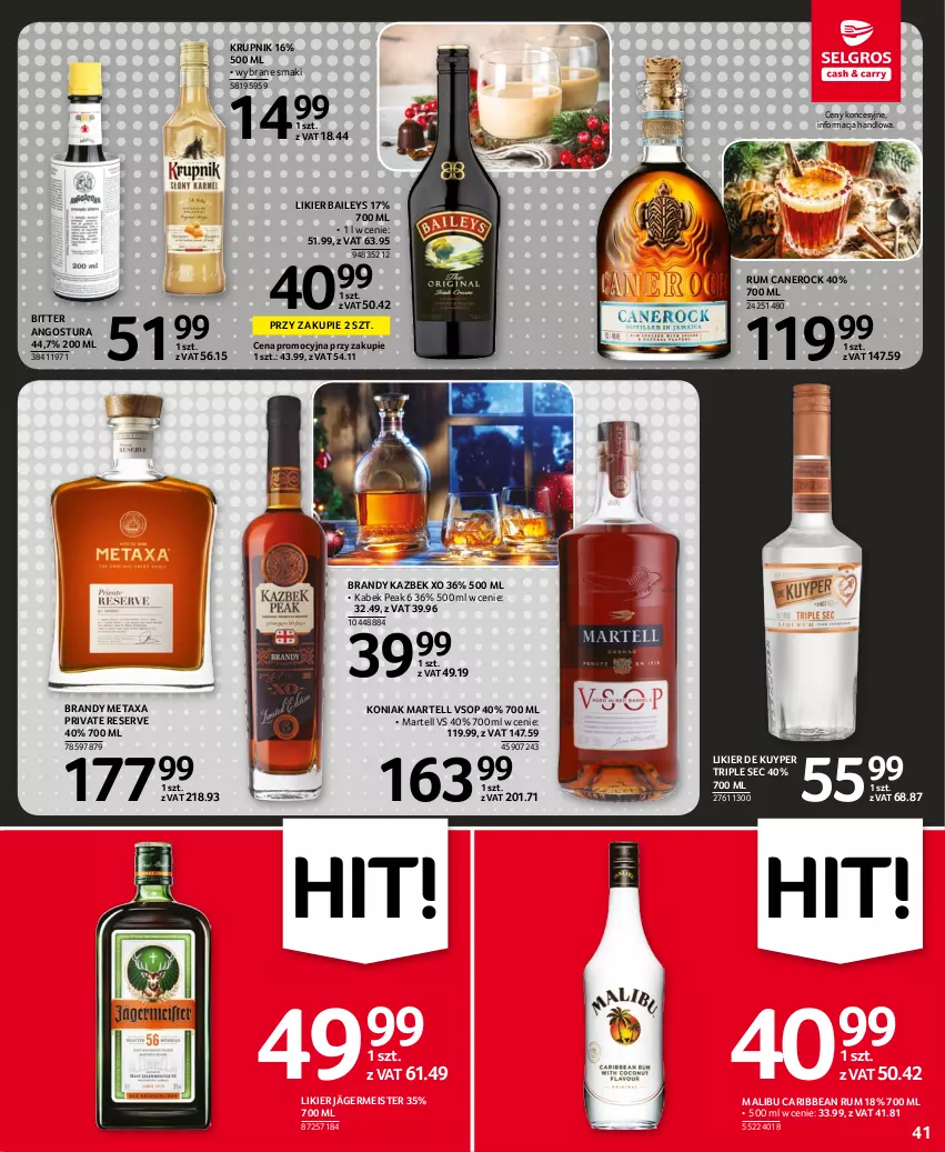 Gazetka promocyjna Selgros - Oferta spożywcza - ważna 17.11 do 30.11.2022 - strona 41 - produkty: Brandy, Krupnik, Likier, Malibu, Metaxa, Rum, Ser