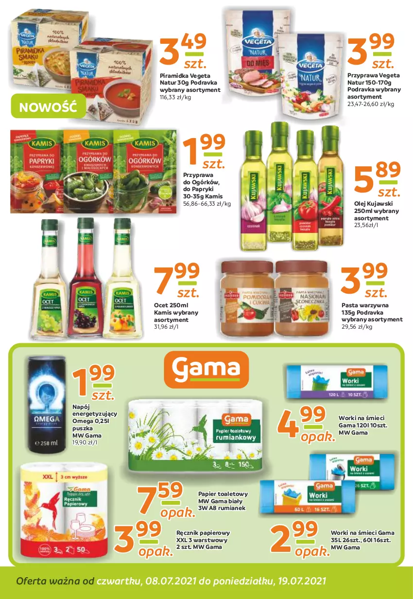 Gazetka promocyjna Gama - Gazetka Gama - ważna 08.07 do 19.07.2021 - strona 4 - produkty: Kamis, Kujawski, Napój, Ocet, Olej, Papier, Papier toaletowy, Pasta warzywna, Podravka, Ręcznik, Rum, Vegeta, Vegeta Natur, Worki na śmiec, Worki na śmieci