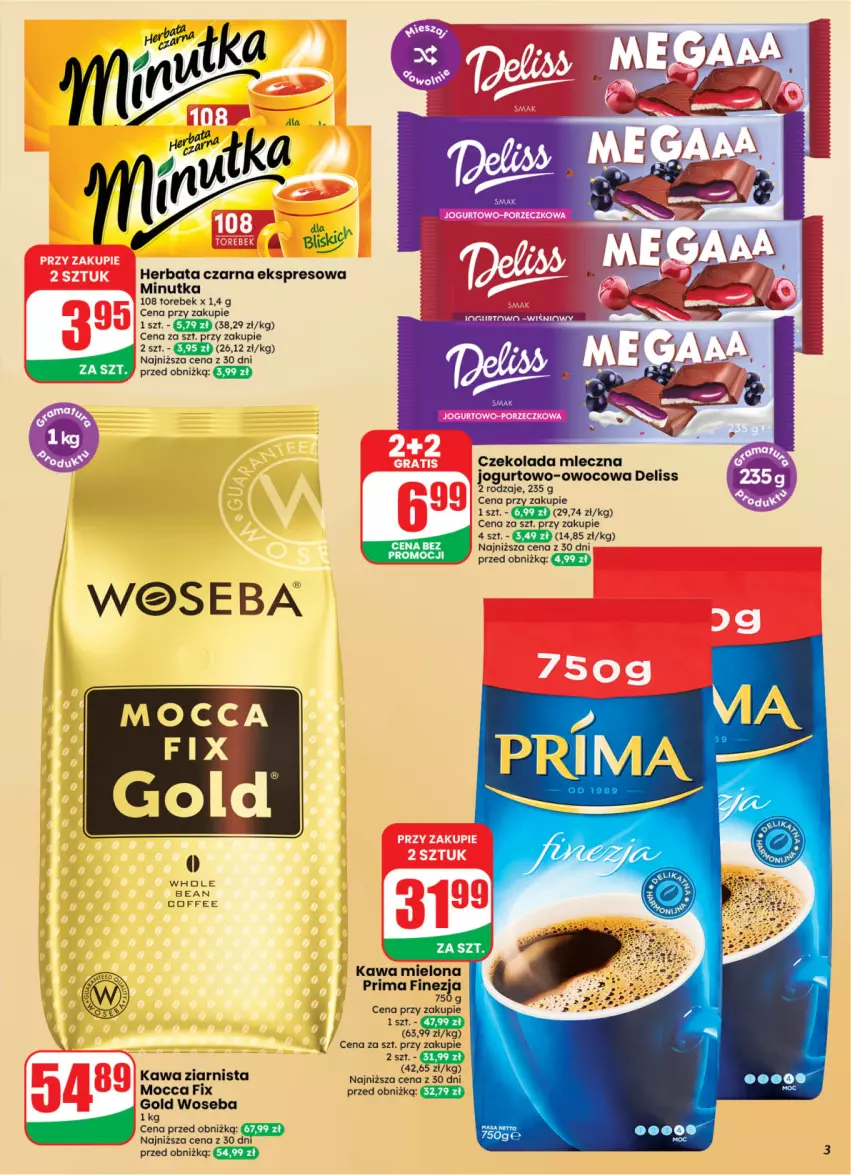 Gazetka promocyjna Dino - Weekendowe okazje - ważna 07.08 do 08.08.2026 - strona 3 - produkty: Czekolada, Czekolada mleczna, Deliss, Herbata, Herbata czarna, Jogurt, Kawa, Kawa mielona, Kawa ziarnista, Mocca Fix Gold, Prima, Woseba