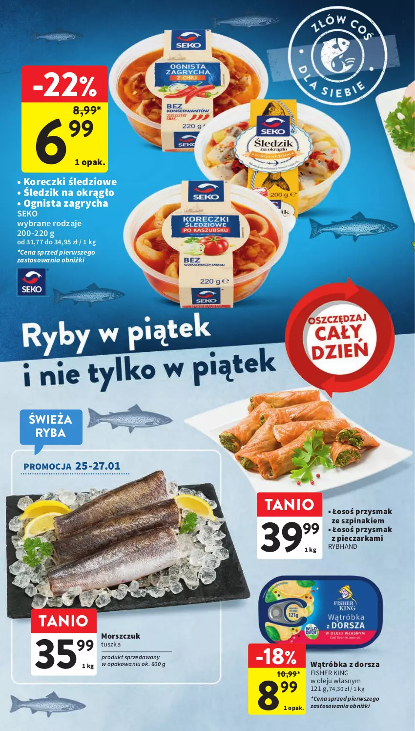 Gazetka promocyjna Intermarche - Gazetka Intermarche - ważna 25.01 do 31.01.2024 - strona 18 - produkty: Dorsz, Gry, Koreczki śledziowe, Olej, Piec, Pieczarka, Ryba, SEKO, Szpinak, Tusz