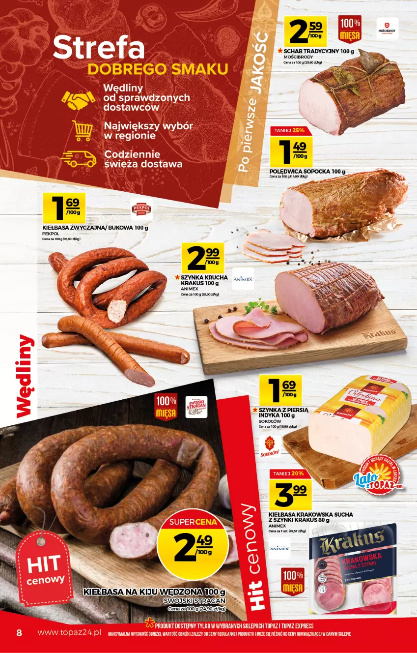 Gazetka promocyjna Topaz - Gazetka - ważna 15.07 do 21.07.2021 - strona 8 - produkty: Kiełbasa, Krakus, Pekpol, Sok, Sokołów, Szynka